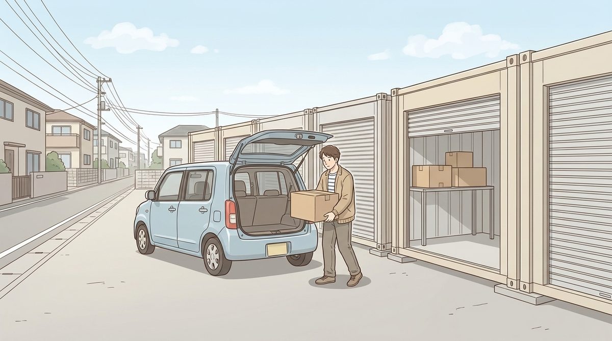 住宅街の屋外型トランクルーム。車を横付けして荷物を運び込む